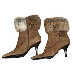 Ann Klein Women's Tan Suede Fur Trim Ankle Boots Pointed Toe Stiletto Heel 6